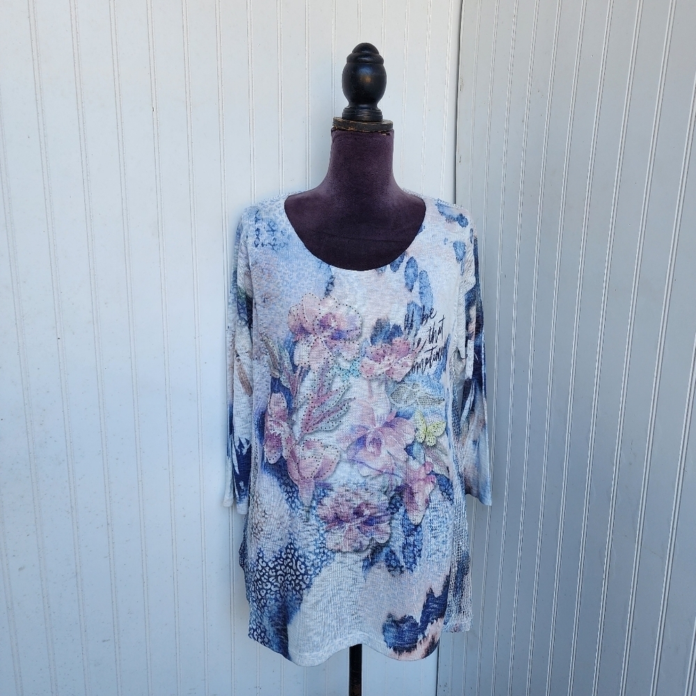 Via Vitale Women White Floral Tunic Knit Sweater Rayon Spandex Top ITALY Sz L